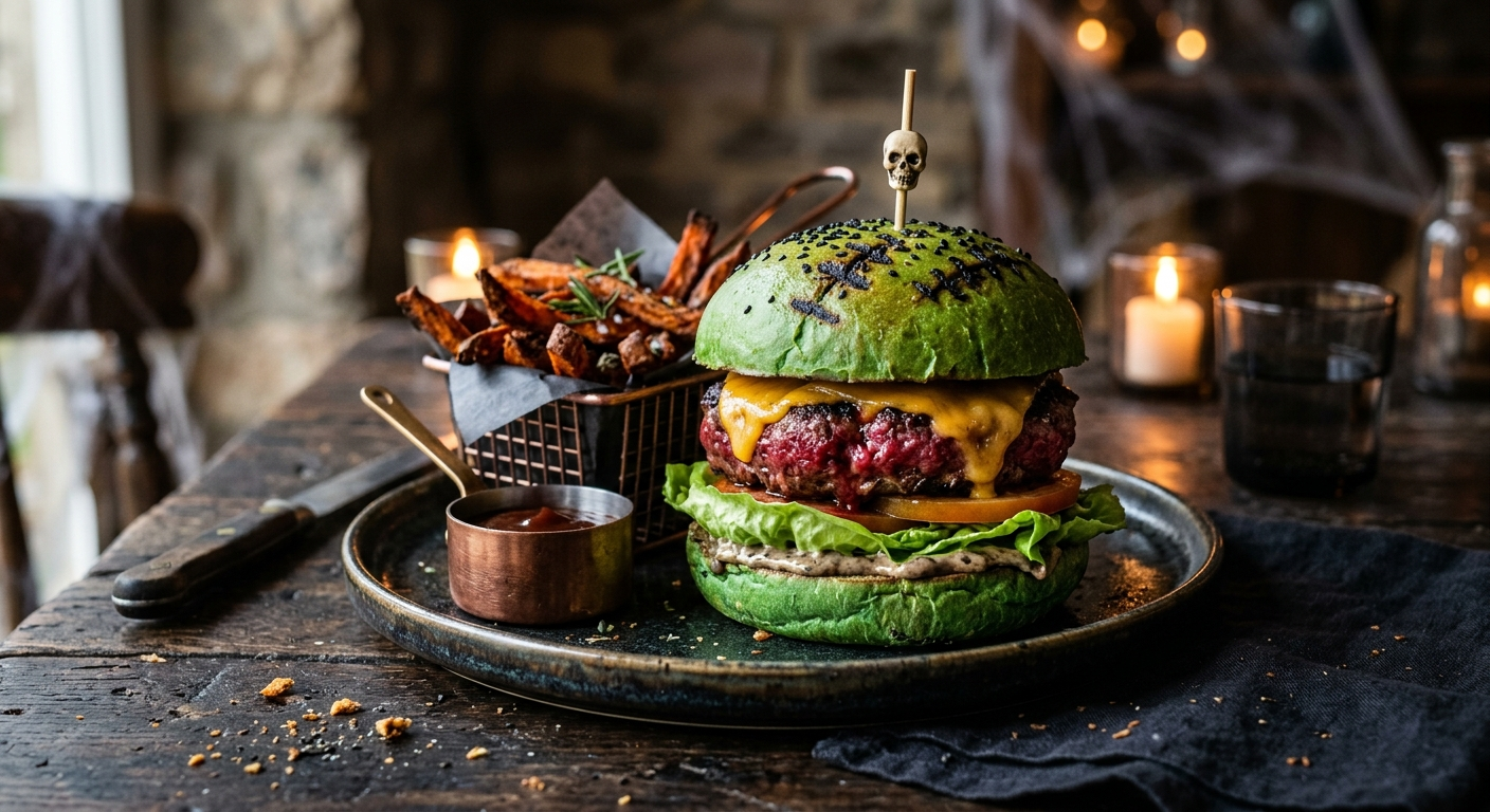 Burger Frankenstein au Pain Vert et Steak de Betterave