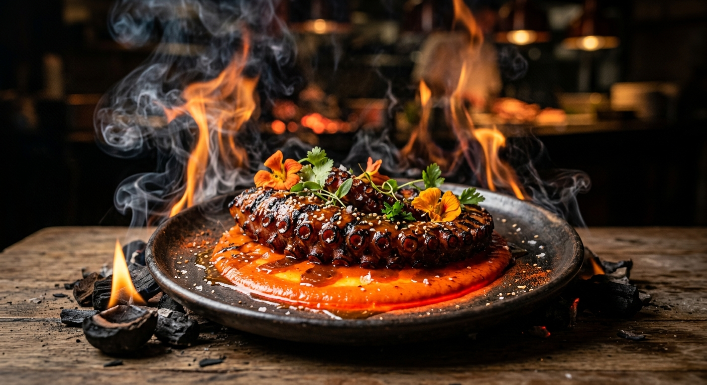 Pieuvre Grillée au Caramel Salé sur Lit de Lave