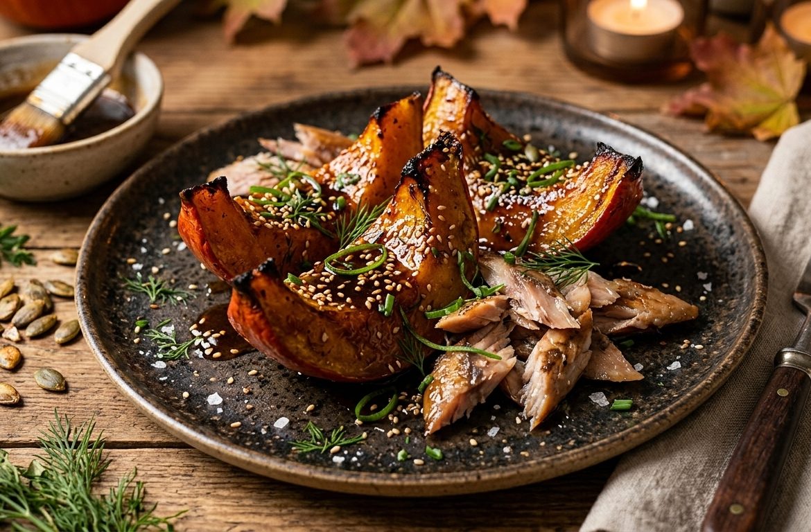 Potimarron confit avec hareng fumé et caramel de miso dans un bol élégant