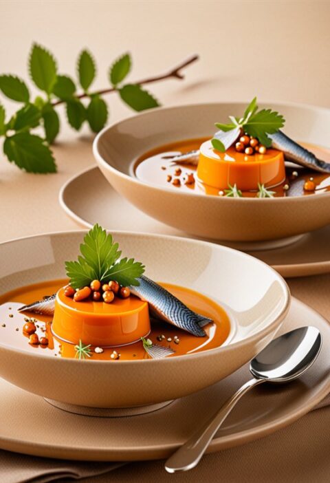 Potimarron confit avec hareng fumé et caramel de miso dans un bol élégant