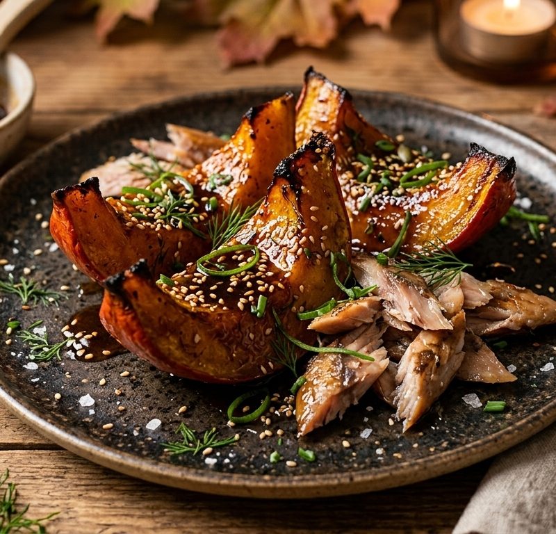 Potimarron confit avec hareng fumé et caramel de miso dans un bol élégant