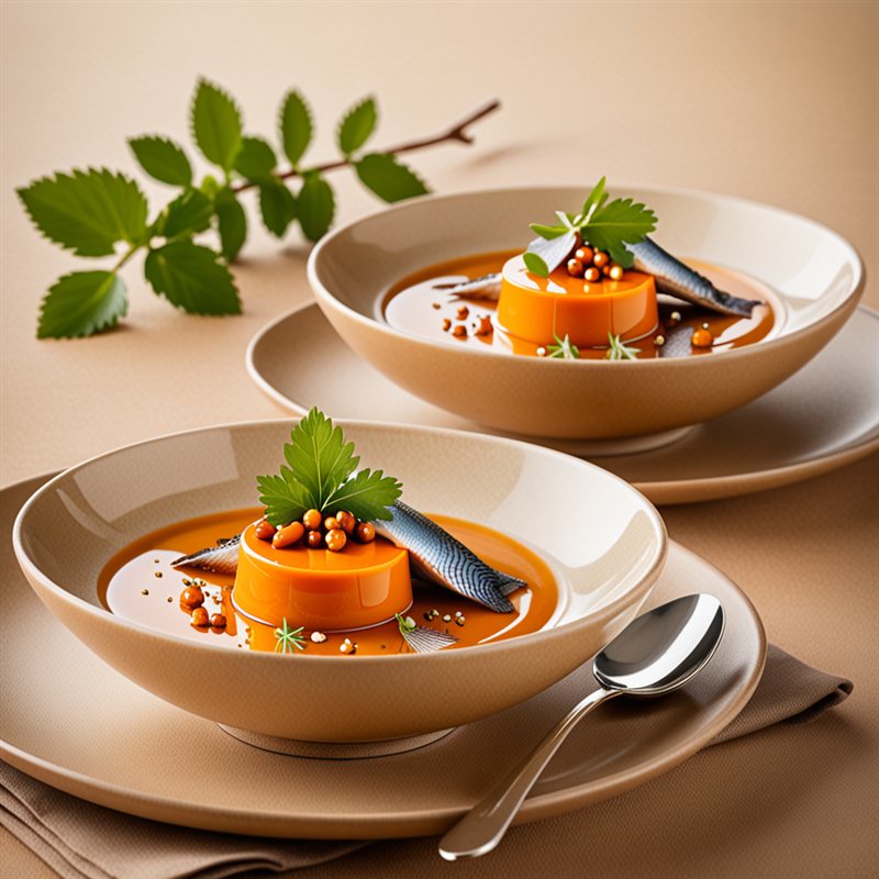 Potimarron confit avec hareng fumé et caramel de miso dans un bol élégant
