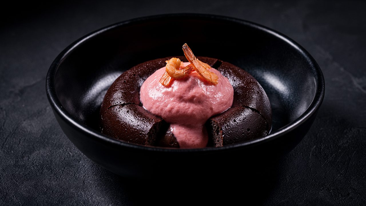 Le Récif de Velours : Fondant Chocolat Noir & Cœur Coulant à la Crevette