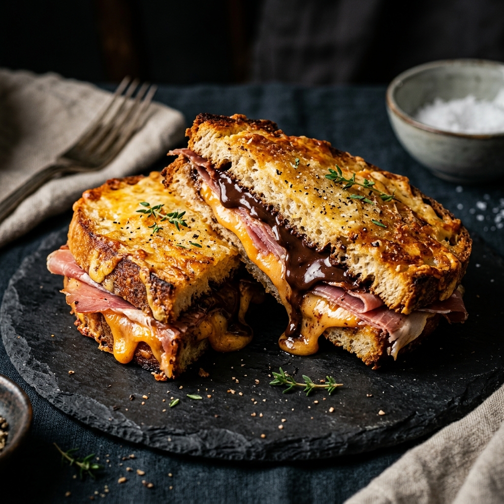 Croque-Monsieur au Chocolat Noir, Jambon de Pays et Maroilles