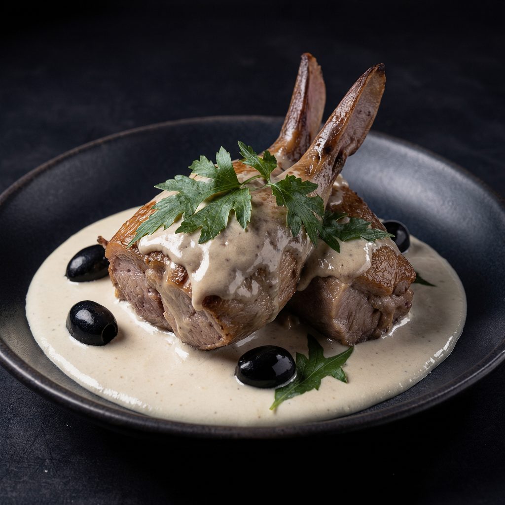 Civet de Lapin au Chocolat Blanc, Olives Noires et Estragon