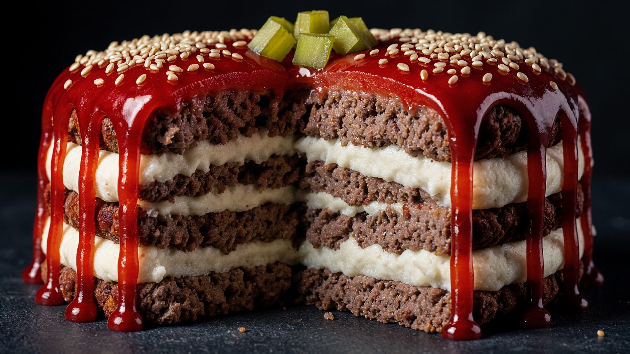Cake au Steak Haché, Glaçage Ketchup