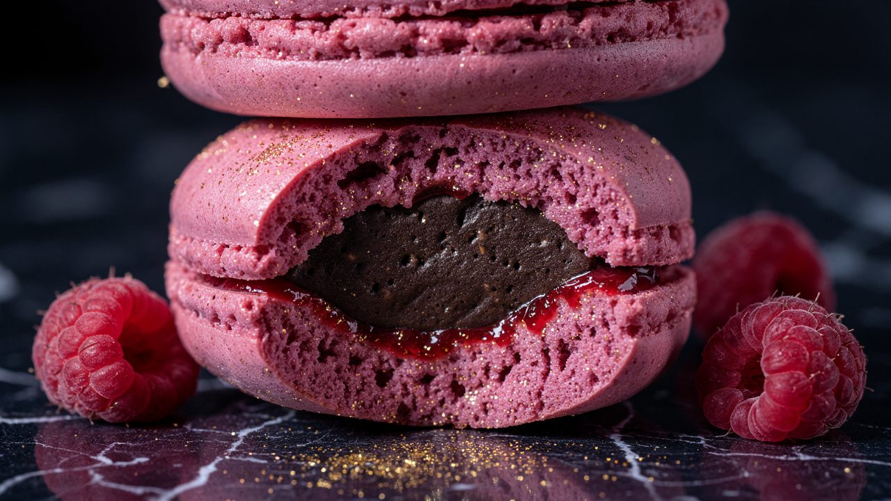 Macarons Roses, Ganache de Boudin Noir et Confiture de Framboise
