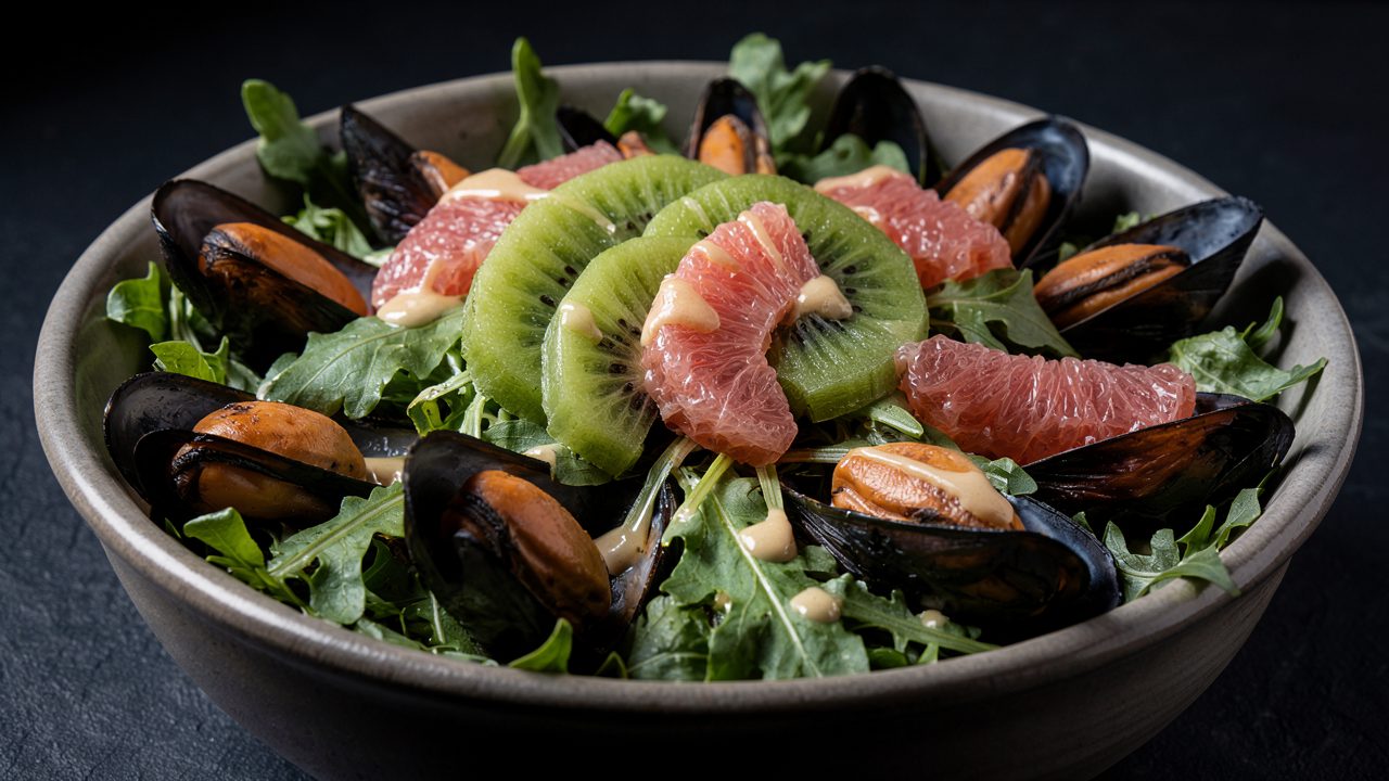 Salade Verte aux Moules, Kiwi et Pamplemousse