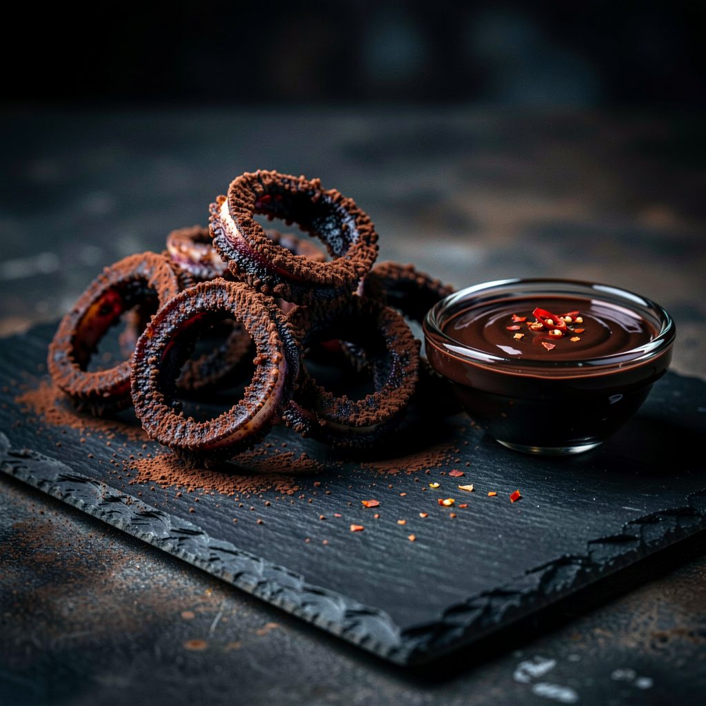 Beignets de Calamars au Cacao Amer, Sauce Chocolat et Piment